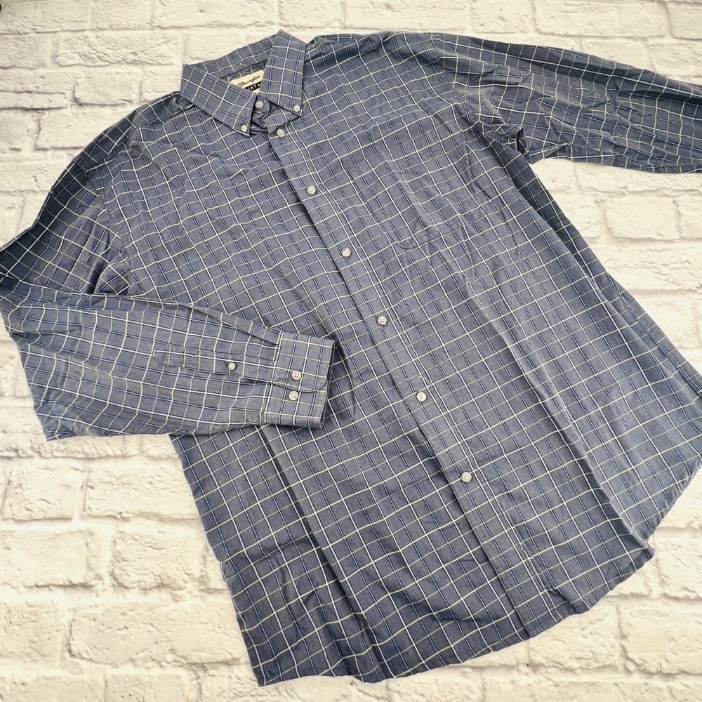 Wrangler Riata Men XL Blue Windowpane Check Button Down Shirt Long Sleeve Casual